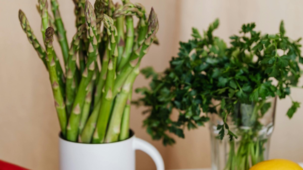 Fresh vegetables and herbs on a kitchen counter for low-FODMAP meal ideas
