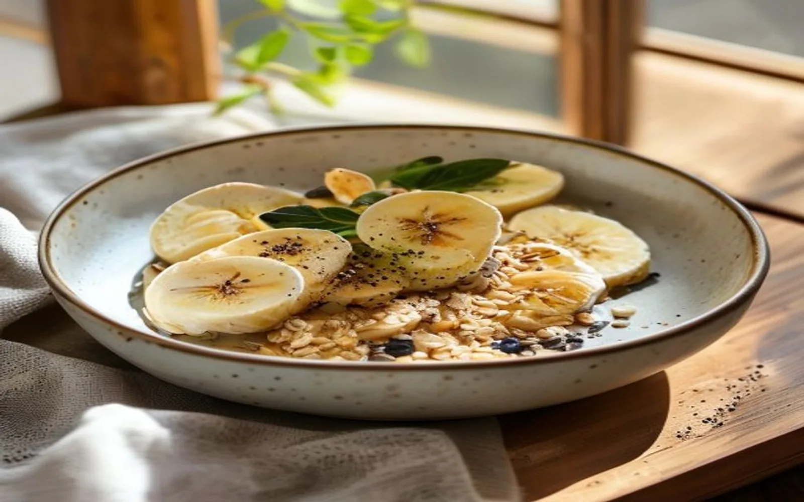 Banana oat breakfast bowl with sliced banana and chia seeds