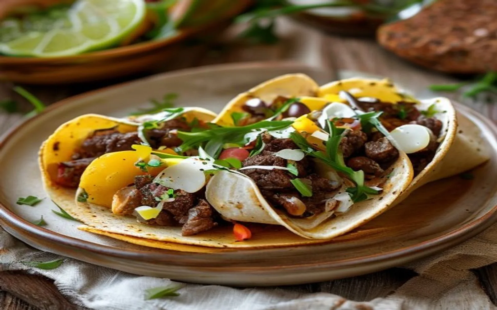 Beef corn tortilla tacos with lettuce, lime, and chives
