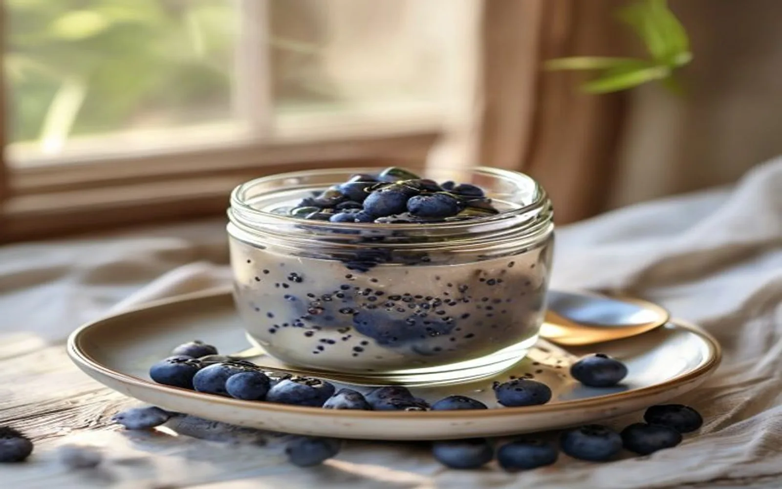 Blueberry chia oat cup in a glass jar with a spoon
