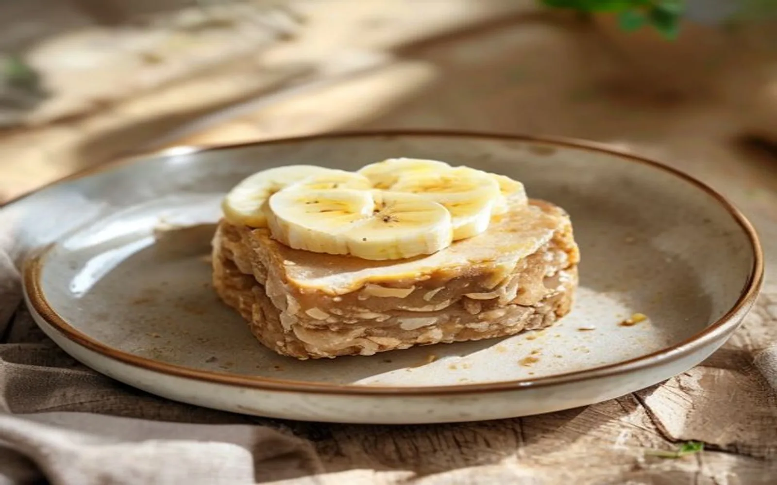 Peanut butter rice cake snack topped with banana slices
