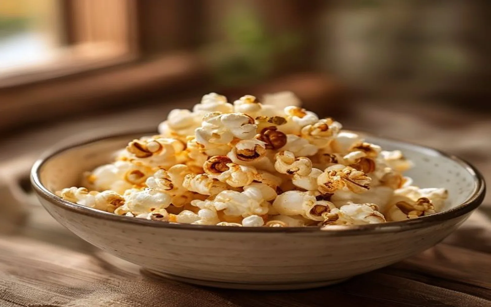 Popcorn and walnut snack cup in a ceramic bowl
