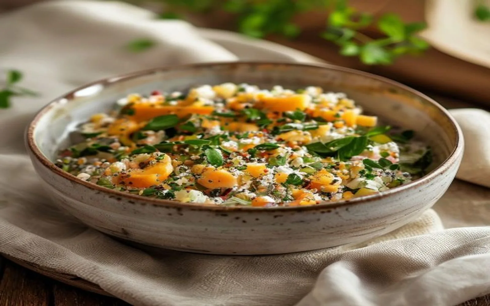 Quinoa cucumber cheddar lunch bowl with herbs