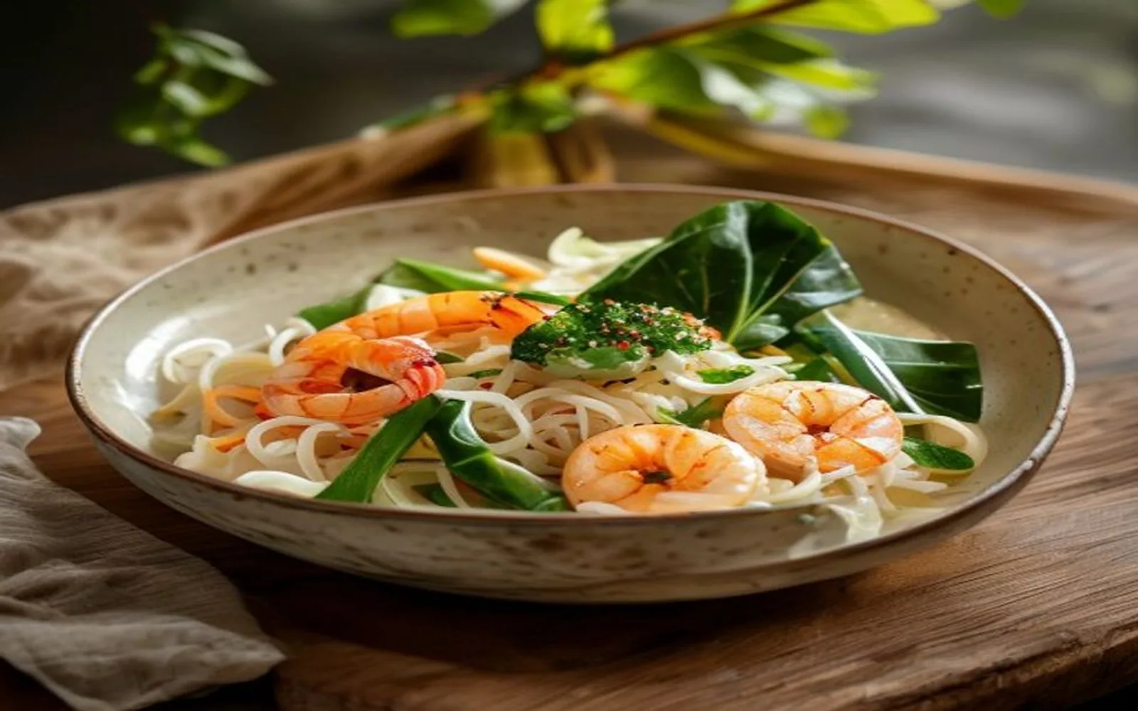 Shrimp rice noodle bowl with bok choy and lime