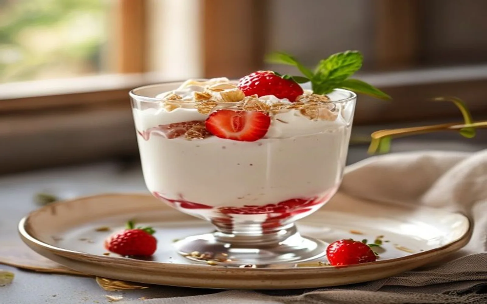 Strawberry lactose-free yogurt parfait in a glass