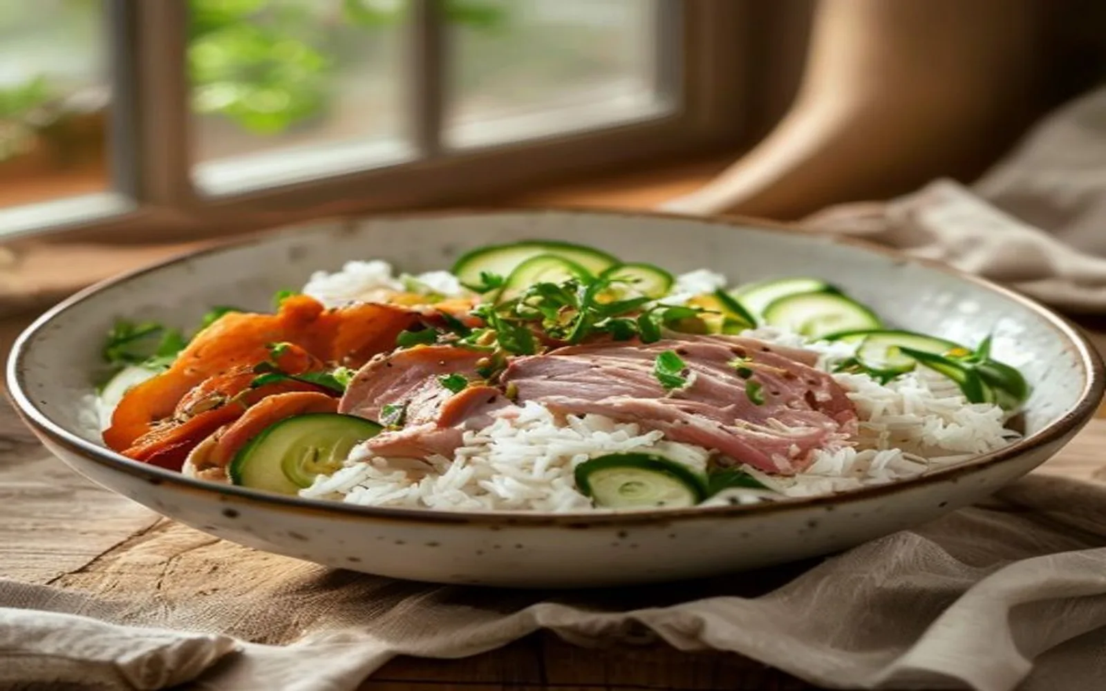 Turkey rice lunch bowl with cucumber and greens